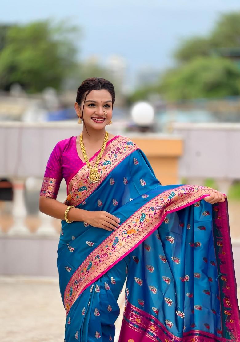 Sky Blue Zari Woven Silk Saree Set - Indya