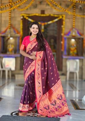 Wine Zari Woven Silk Saree Set
