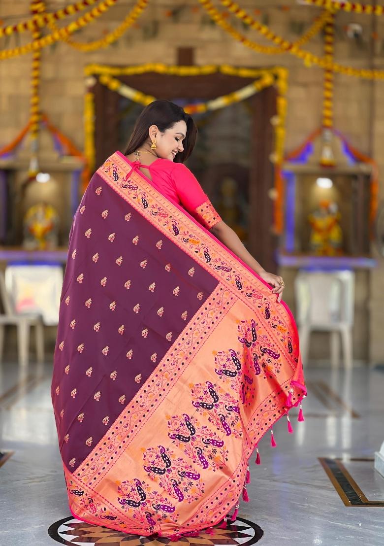 Wine Zari Woven Silk Saree Set - Indya