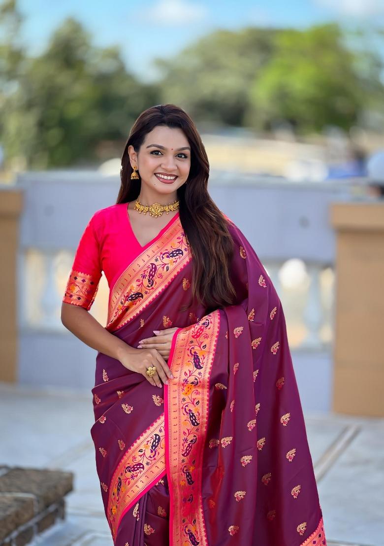 Wine Zari Woven Silk Saree Set - Indya