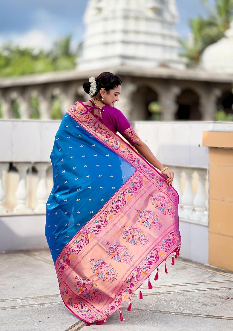 Turquoise Zari Woven Silk Saree Set - Indya