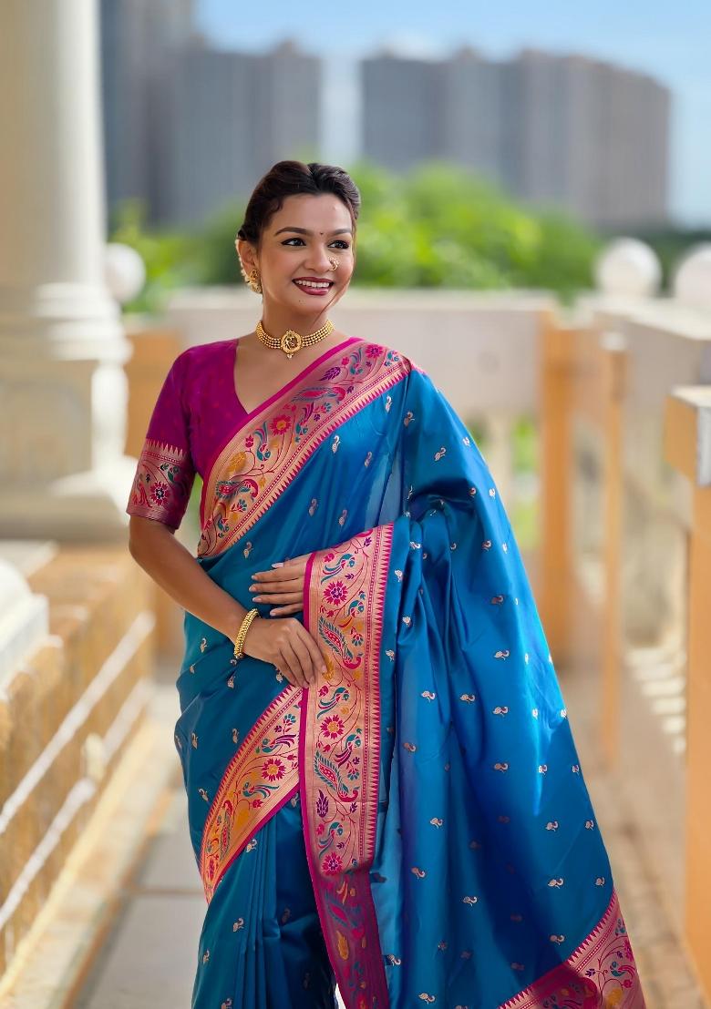 Turquoise Zari Woven Silk Saree Set - Indya