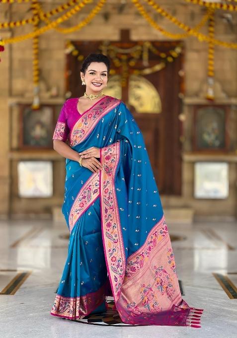 Turquoise Zari Woven Silk Saree Set — view on Indya