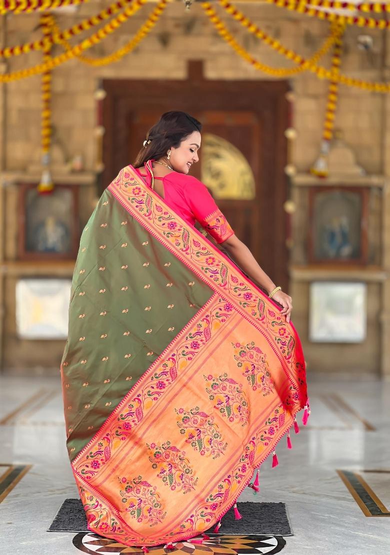 Mehendi Zari Woven Silk Saree Set - Indya