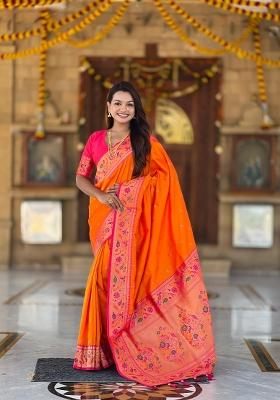 Orange Zari Woven Silk Saree Set
