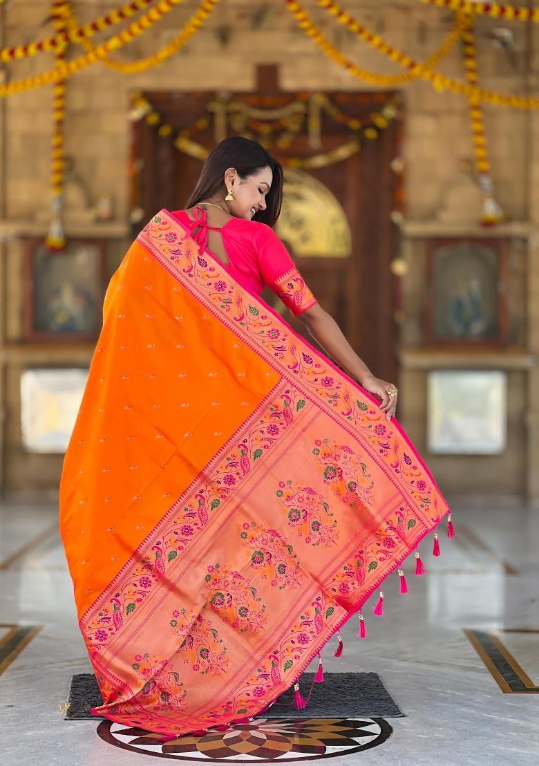 Orange Zari Woven Silk Saree Set - Indya