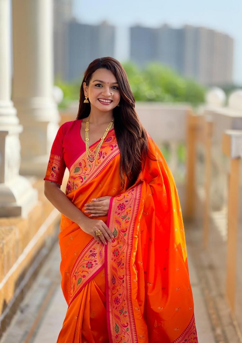 Orange Zari Woven Silk Saree Set - Indya