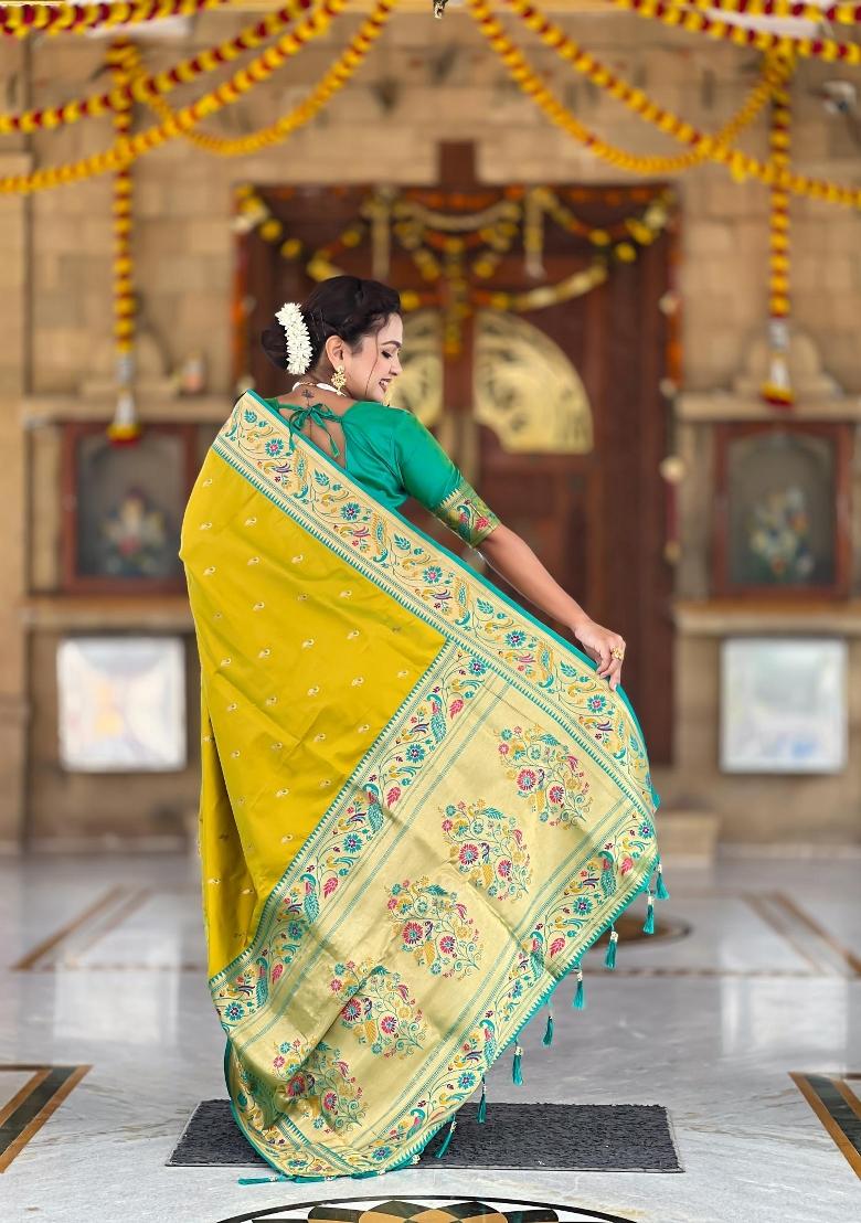 Green Zari Woven Silk Saree Set - Indya