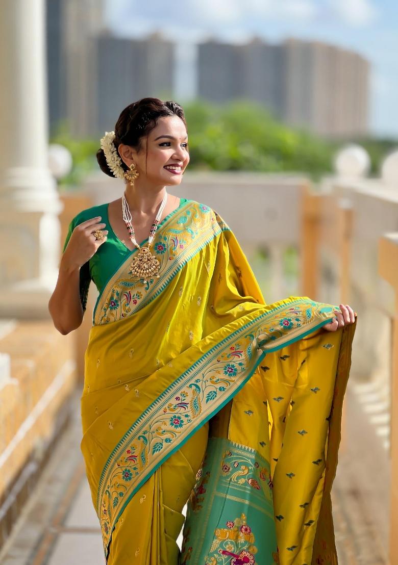 Green Zari Woven Silk Saree Set - Indya