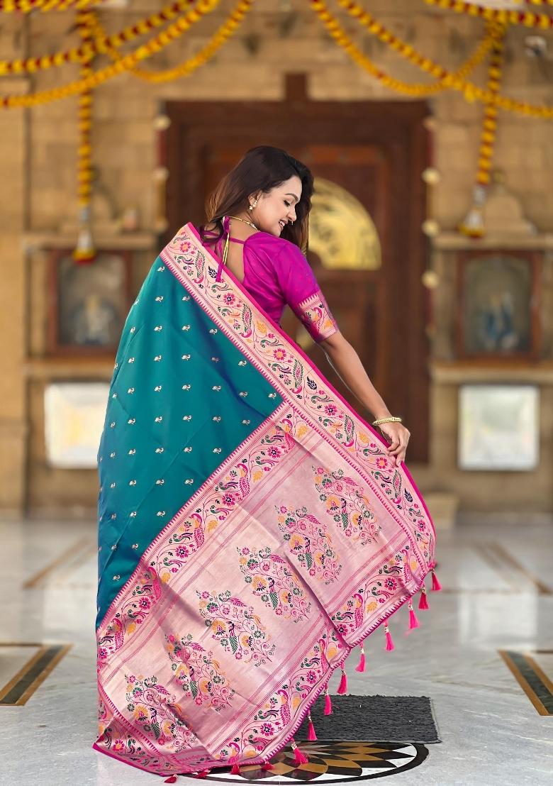 Rama Green Zari Woven Silk Saree Set - Indya