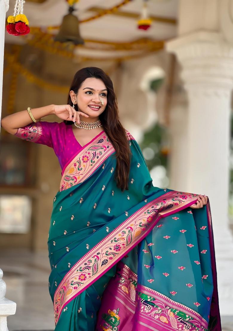 Rama Green Zari Woven Silk Saree Set - Indya