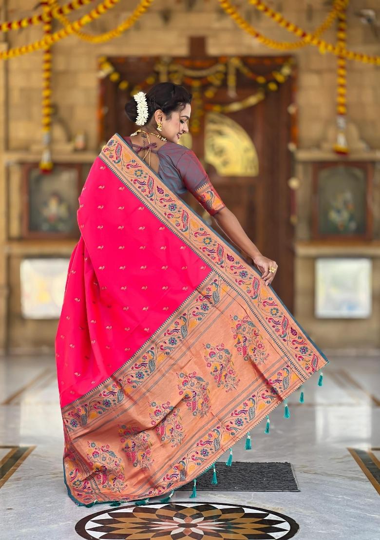 Pink Zari Woven Silk Saree Set - Indya