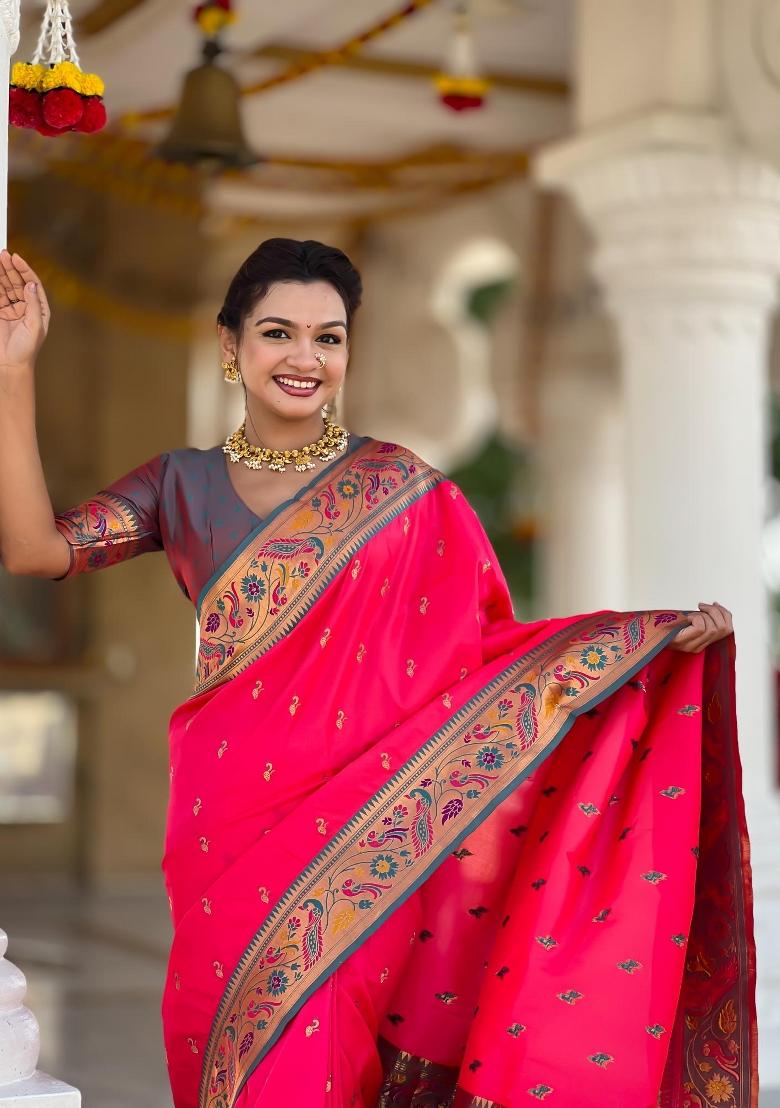 Pink Zari Woven Silk Saree Set - Indya