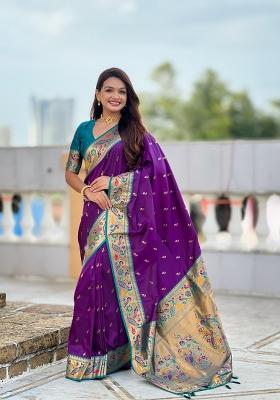 Violet Zari Woven Silk Saree Set