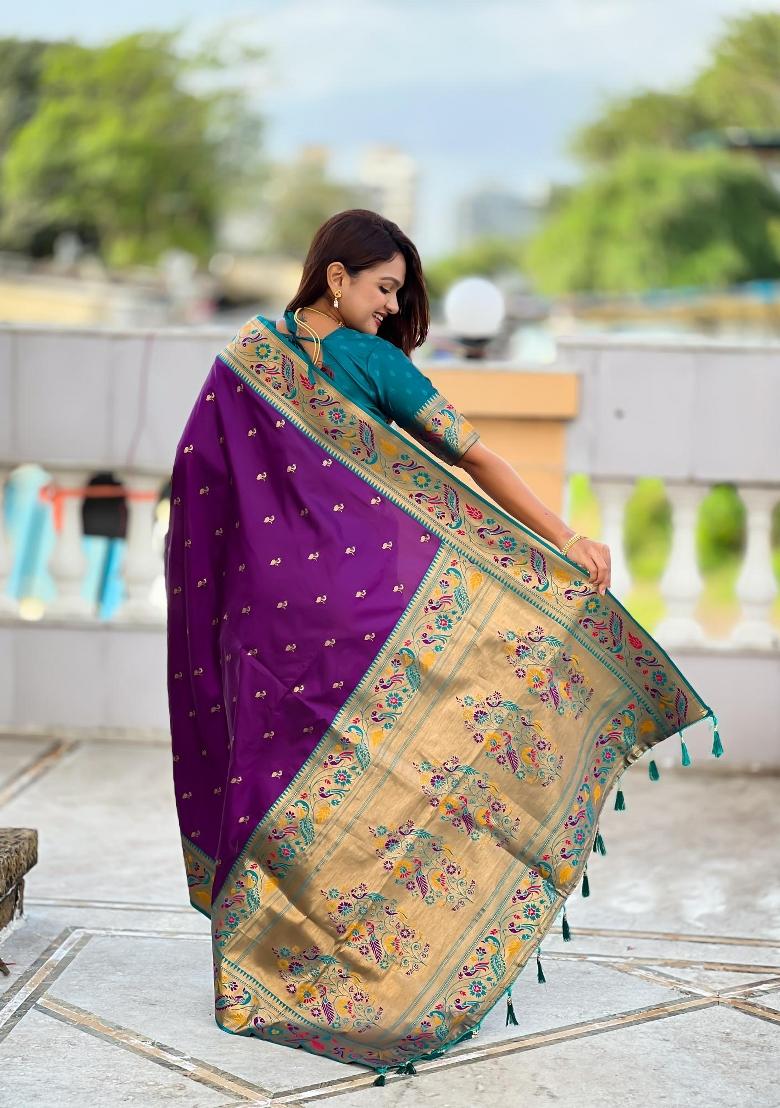 Violet Zari Woven Silk Saree Set - Indya