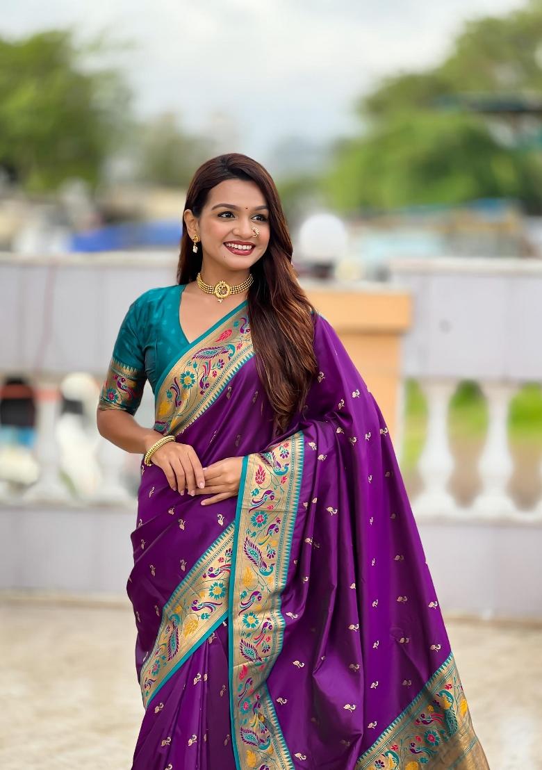Violet Zari Woven Silk Saree Set - Indya