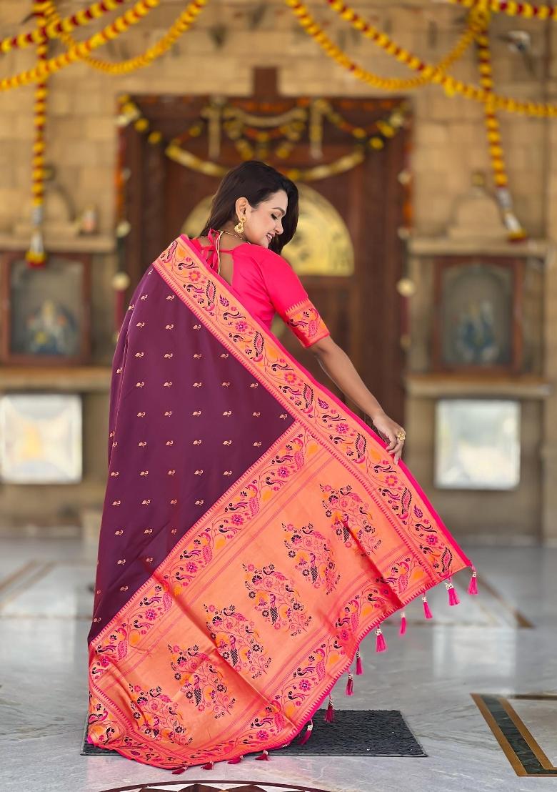 Wine Zari Woven Silk Saree Set - Indya