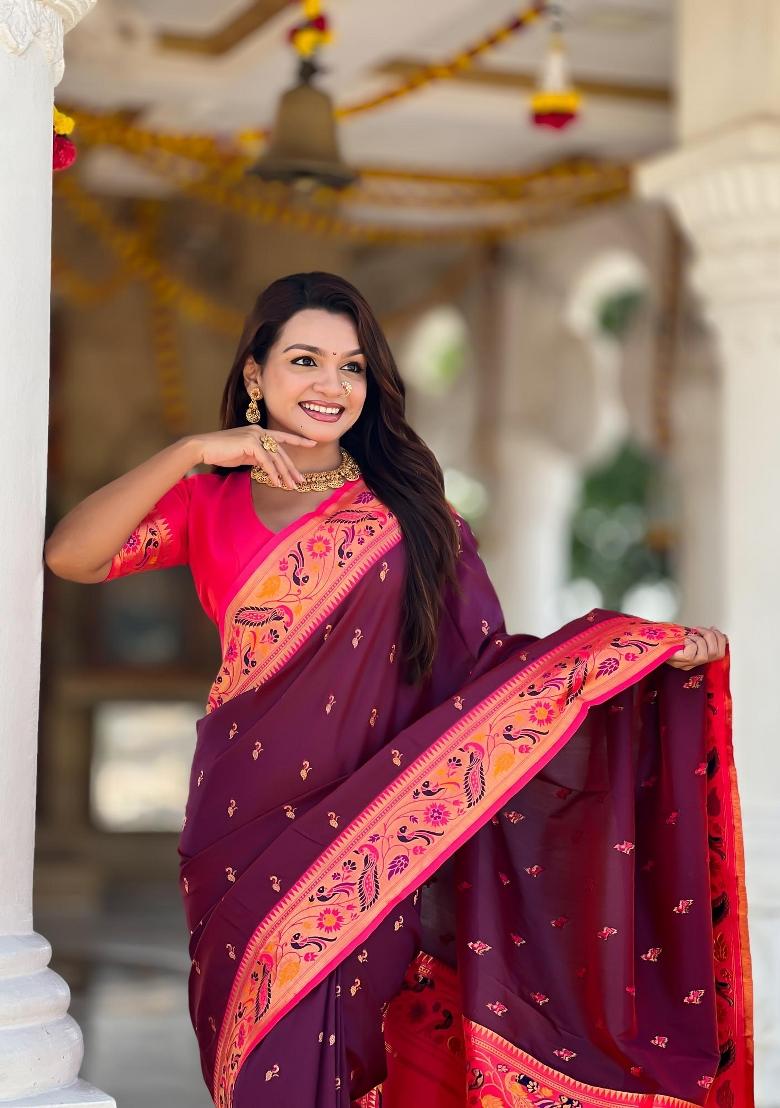 Wine Zari Woven Silk Saree Set - Indya