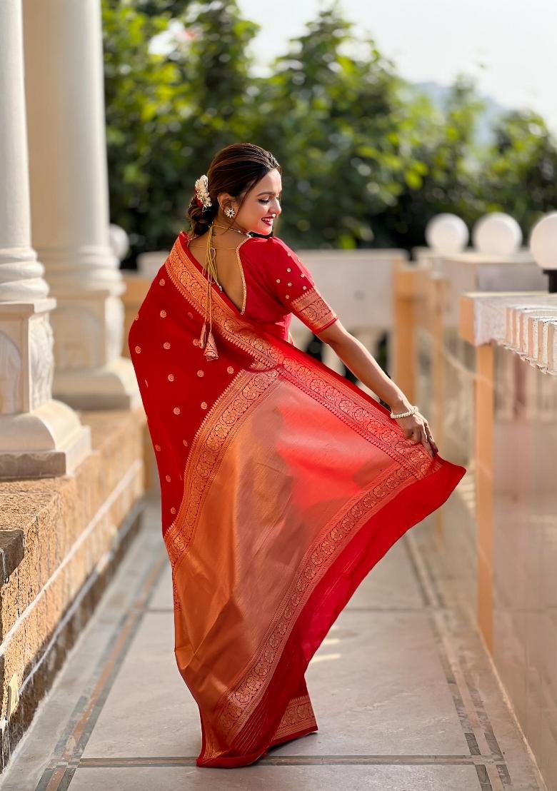Red Zari Woven Silk Saree Set - Indya