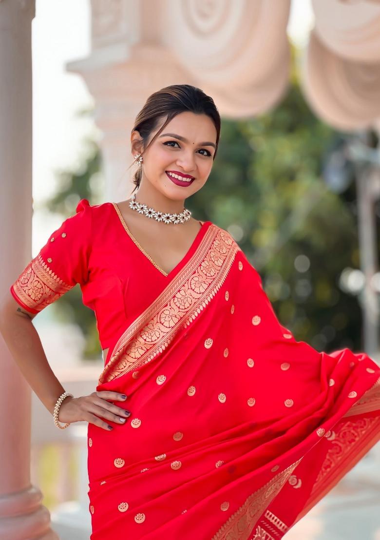 Red Zari Woven Silk Saree Set - Indya