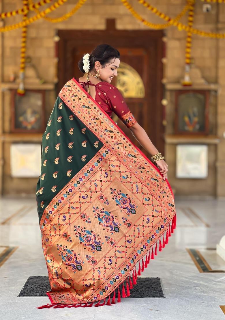 Green Zari Woven Silk Saree Set - Indya