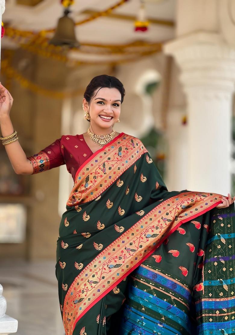 Green Zari Woven Silk Saree Set - Indya