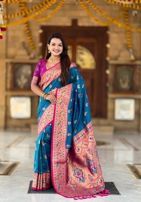 Turquoise Zari Woven Silk Saree Set