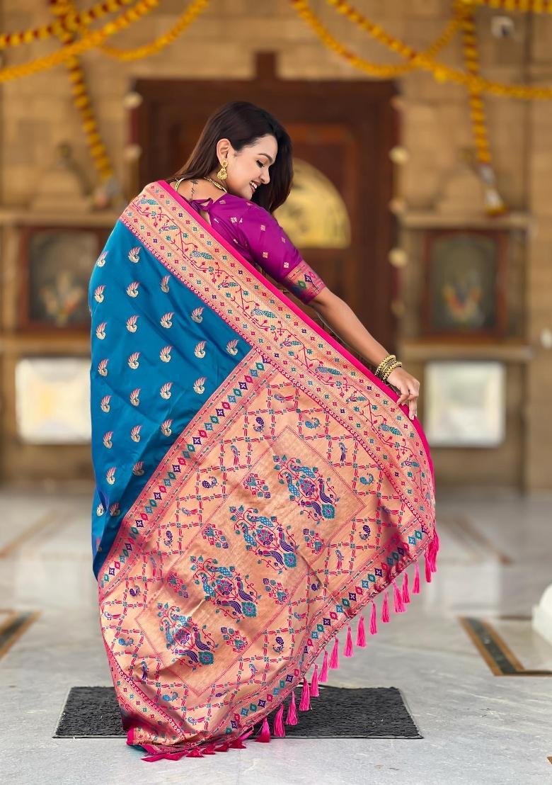 Turquoise Zari Woven Silk Saree Set - Indya