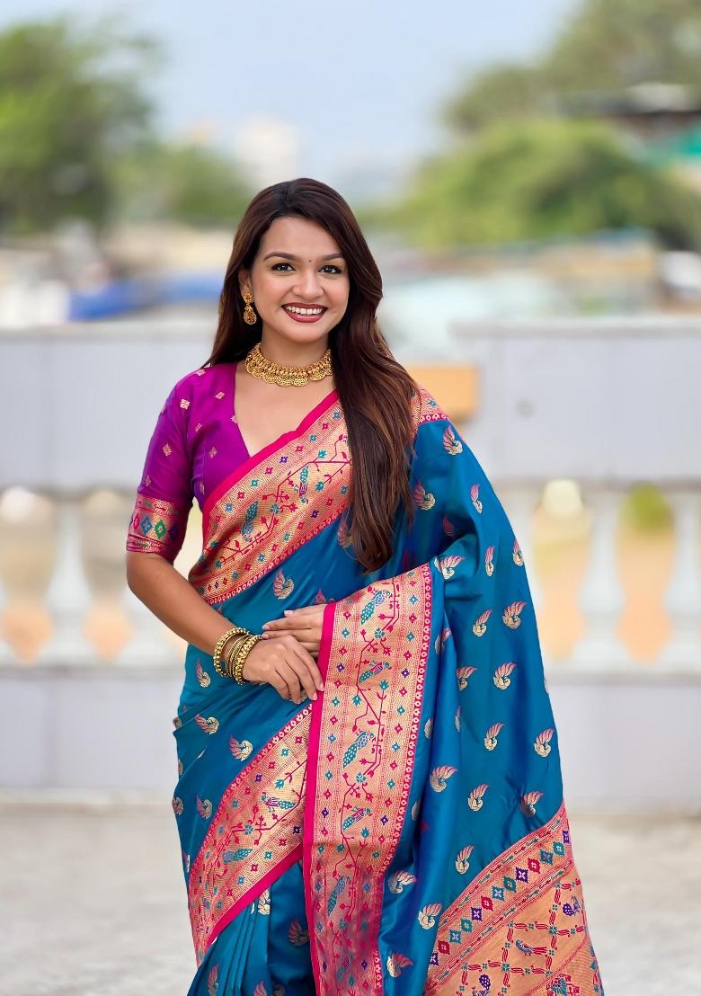 Turquoise Zari Woven Silk Saree Set - Indya
