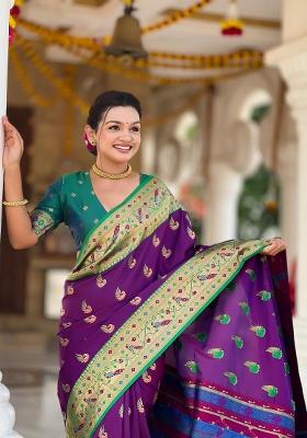 Magenta Zari Woven Silk Saree Set