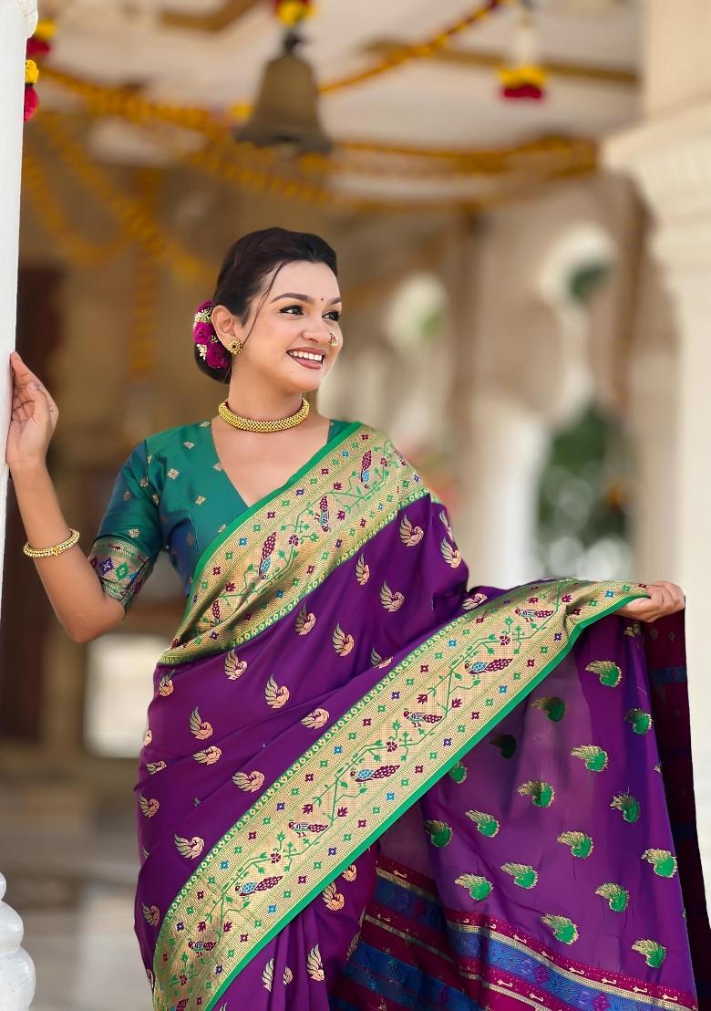 Magenta Zari Woven Silk Saree Set - Indya