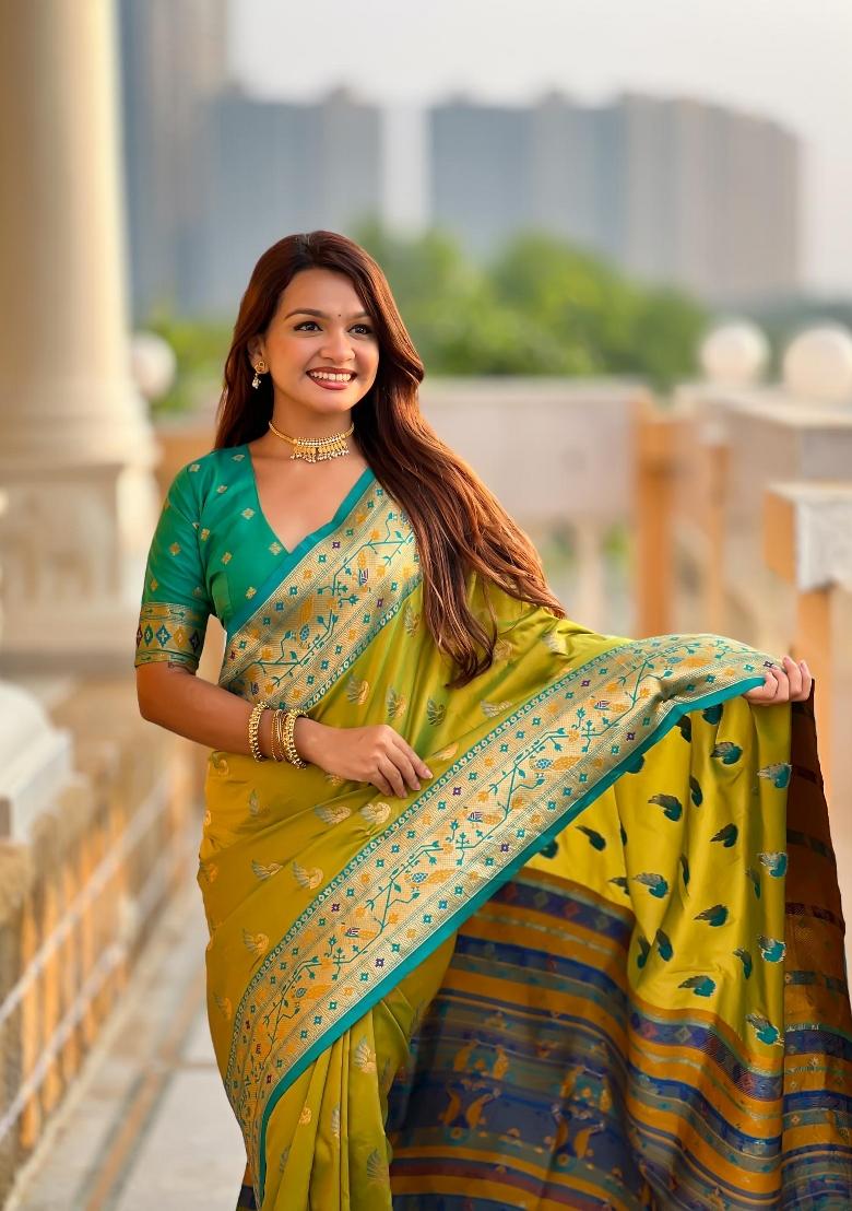 Green Zari Woven Silk Saree Set - Indya