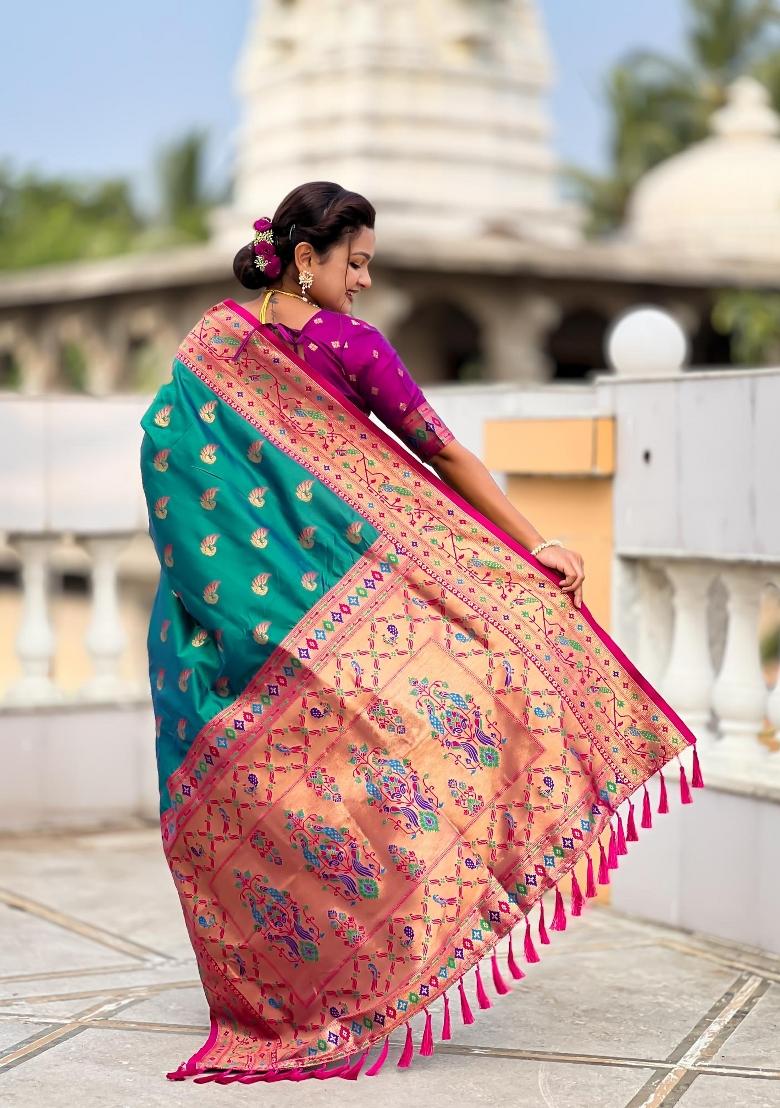 Rama Green Zari Woven Silk Saree Set - Indya