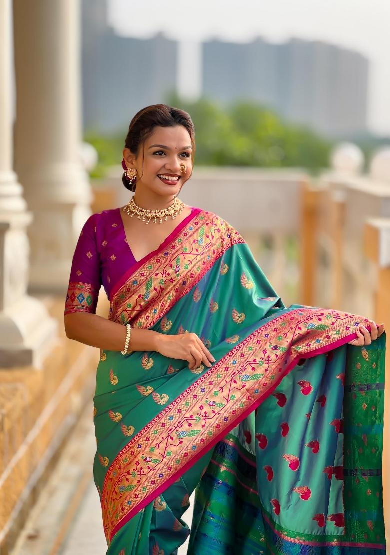 Rama Green Zari Woven Silk Saree Set - Indya