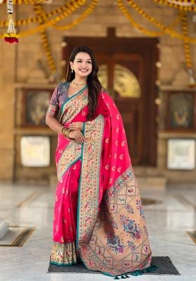 Pink Zari Woven Silk Saree Set