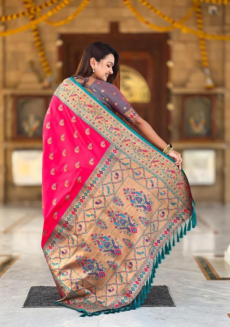 Pink Zari Woven Silk Saree Set - Indya