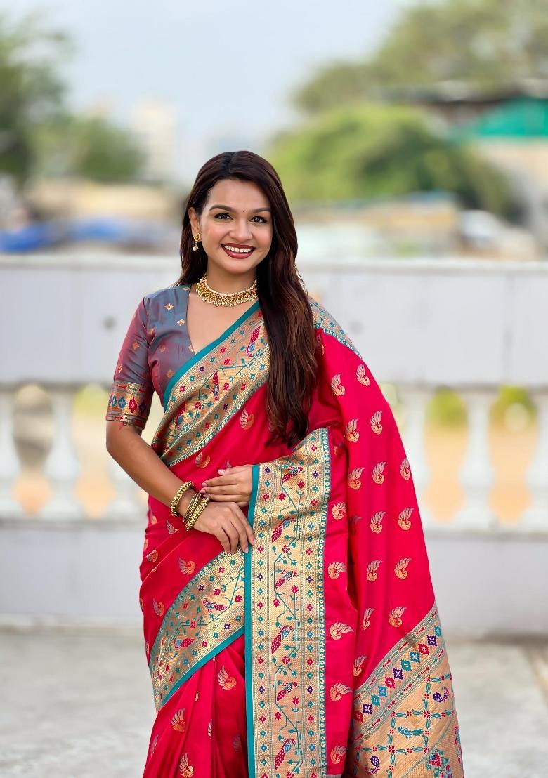 Pink Zari Woven Silk Saree Set - Indya