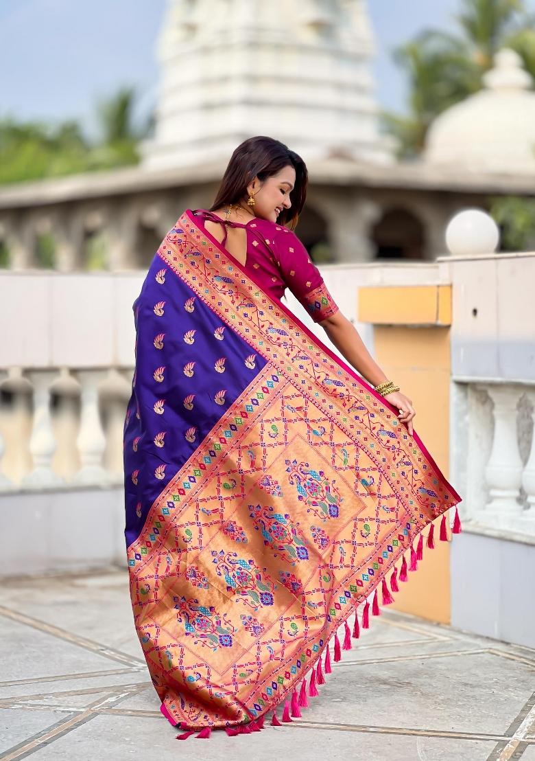 Violet Zari Woven Silk Saree Set - Indya