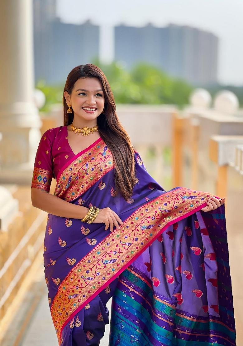 Violet Zari Woven Silk Saree Set - Indya