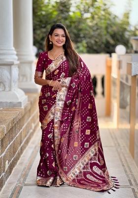 Maroon Zari Woven Silk Saree Set