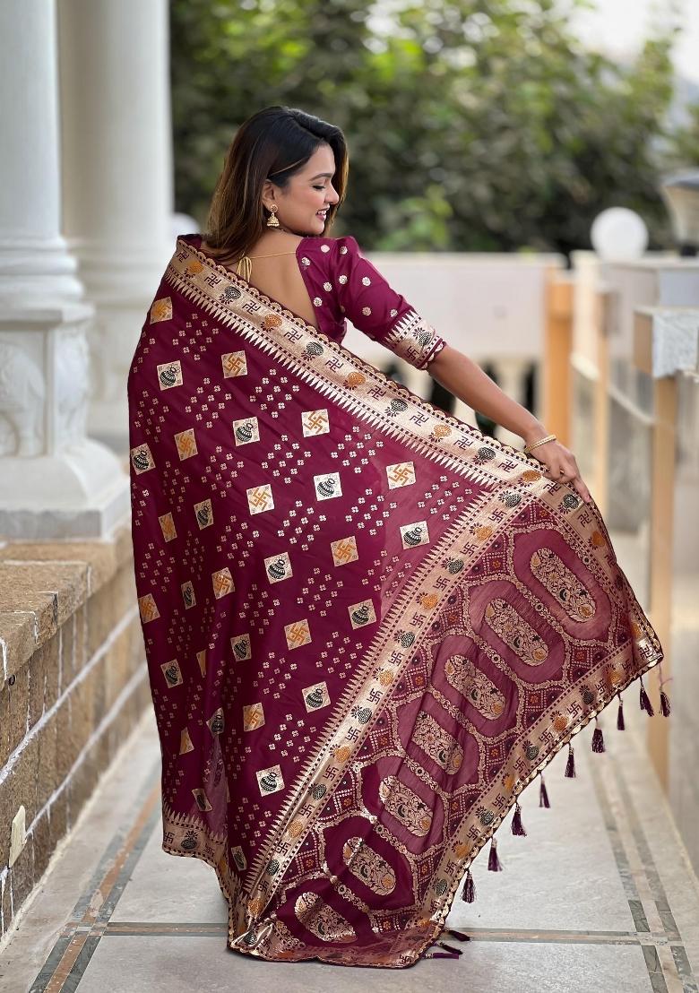 Maroon Zari Woven Silk Saree Set - Indya
