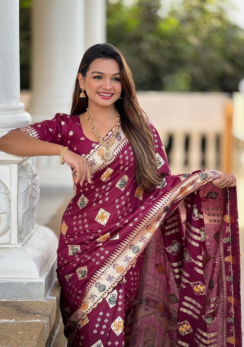 Maroon Zari Woven Silk Saree Set - Indya