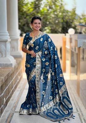 Turquoise Zari Woven Silk Saree Set
