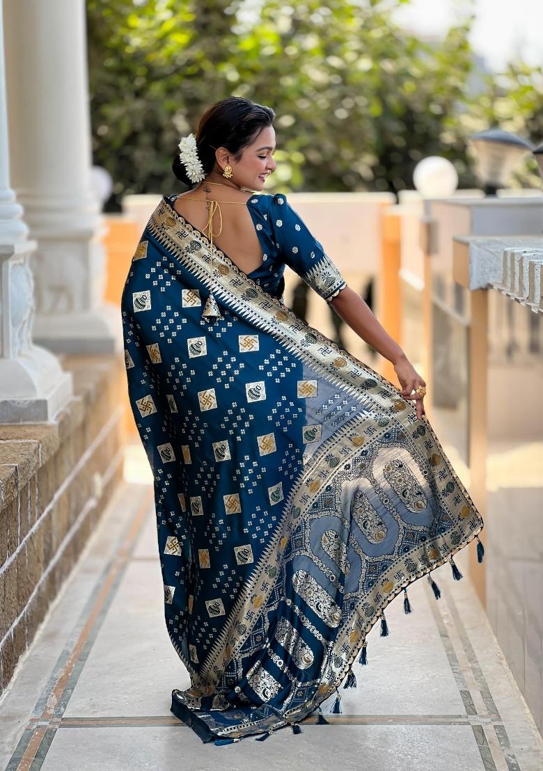 Turquoise Zari Woven Silk Saree Set - Indya