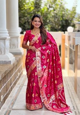 Pink Zari Woven Silk Saree Set