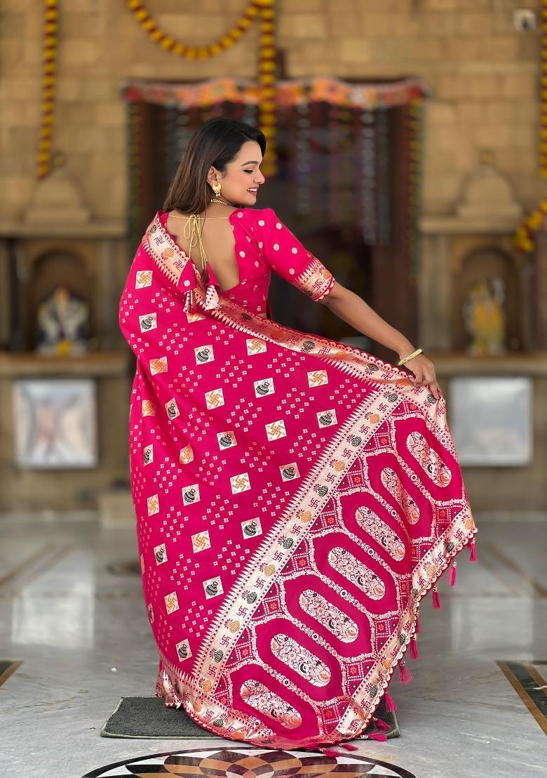 Pink Zari Woven Silk Saree Set - Indya