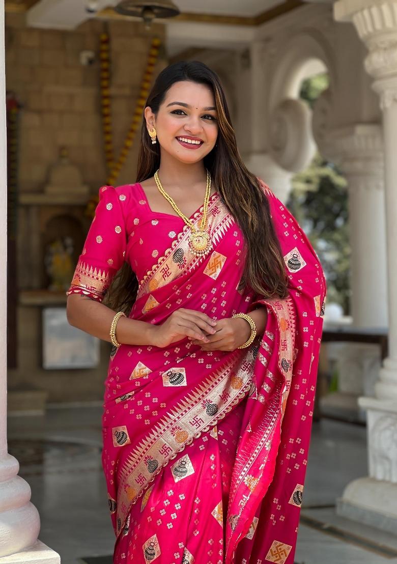 Pink Zari Woven Silk Saree Set - Indya