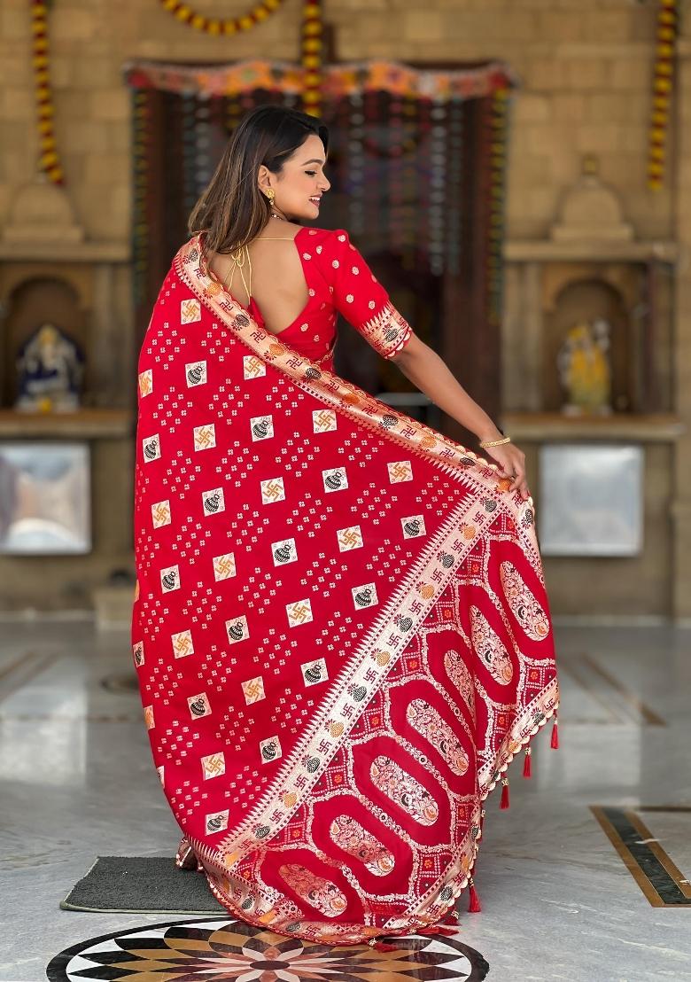 Red Zari Woven Silk Saree Set - Indya