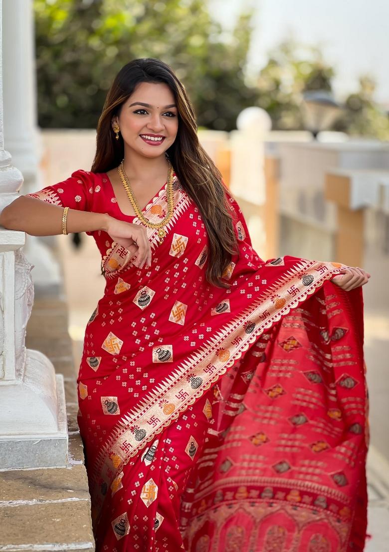 Red Zari Woven Silk Saree Set - Indya
