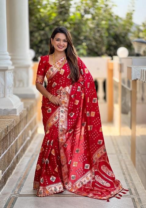Red Zari Woven Silk Saree Set — view on Indya